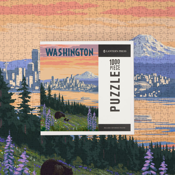 Seattle, Washington, Bear and Spring Flowers, Jigsaw Puzzle Puzzle Lantern Press 