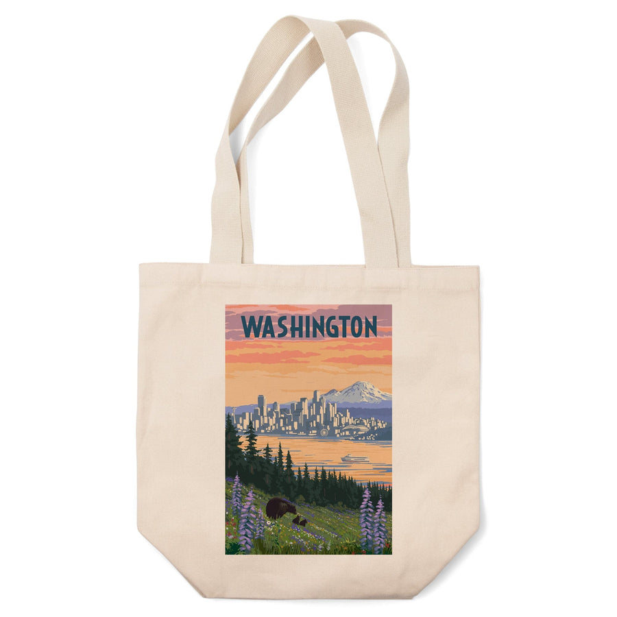 Seattle, Washington, Bear and Spring Flowers, Tote Bag Totes Lantern Press 