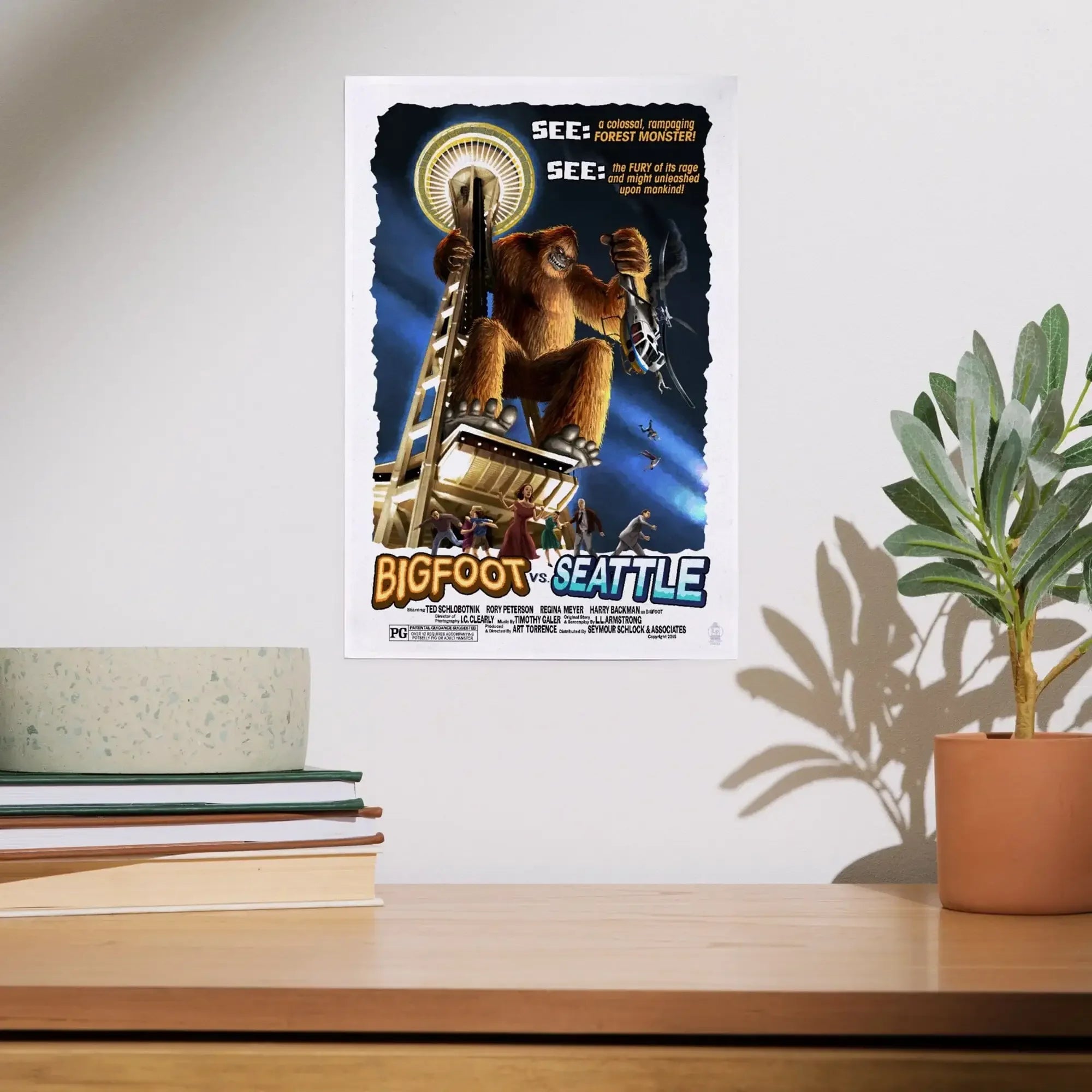 Seattle, Washington, Bigfoot vs Seattle art prints, metal signs