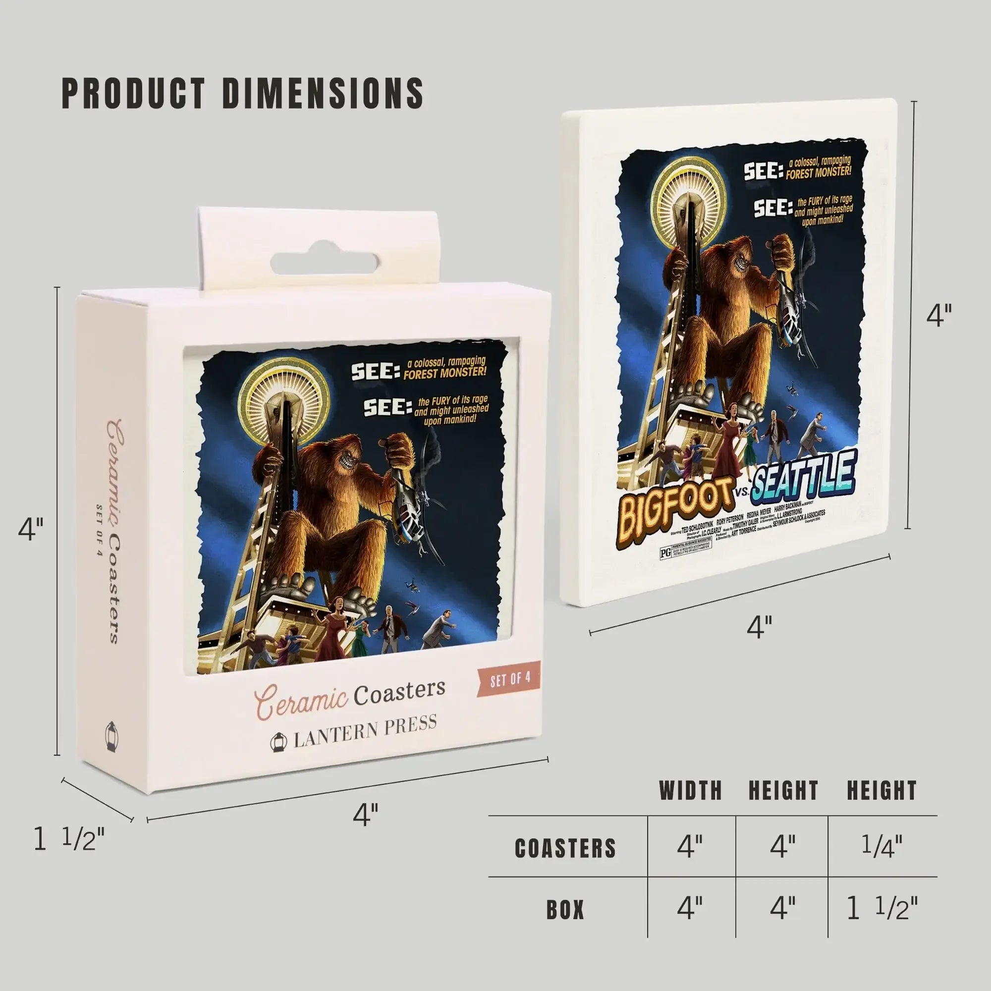 Seattle, Washington, Bigfoot vs Seattle ceramic coaster set