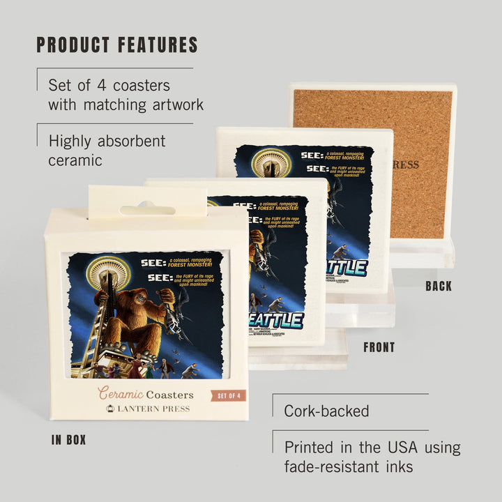 Seattle, Washington, Bigfoot vs Seattle, Coasters Coasters Lantern Press 
