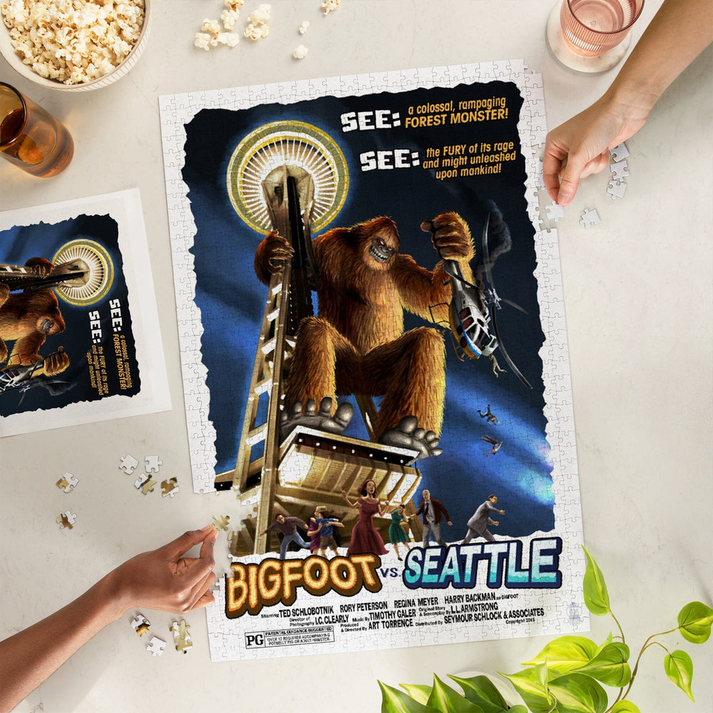 Seattle, Washington, Bigfoot vs Seattle, Jigsaw Puzzle Puzzle Lantern Press 