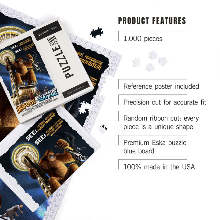 Seattle, Washington, Bigfoot vs Seattle, Jigsaw Puzzle Puzzle Lantern Press 