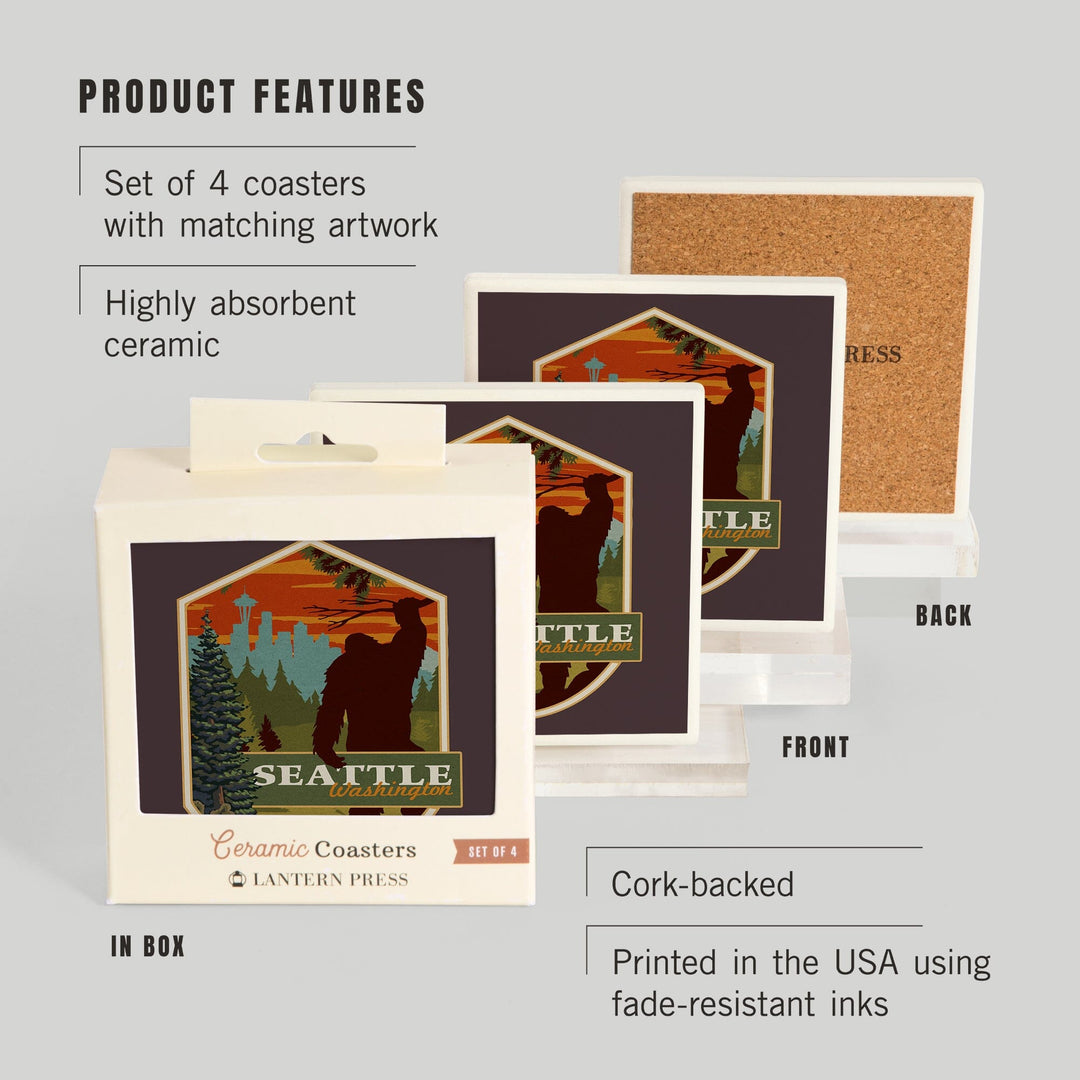 Seattle, Washington, Bigfoot, WPA Style,, Coasters Coasters Lantern Press 