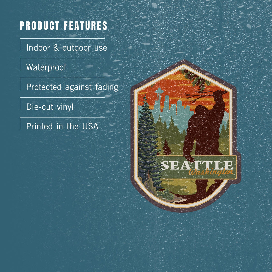 Seattle, Washington, Bigfoot, WPA Style, Contour, Lantern Press Artwork, Vinyl Sticker Sticker Lantern Press 