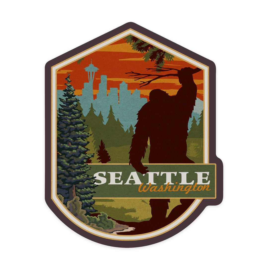 Seattle, Washington, Bigfoot, WPA Style, Contour, Lantern Press Artwork, Vinyl Sticker Sticker Lantern Press 