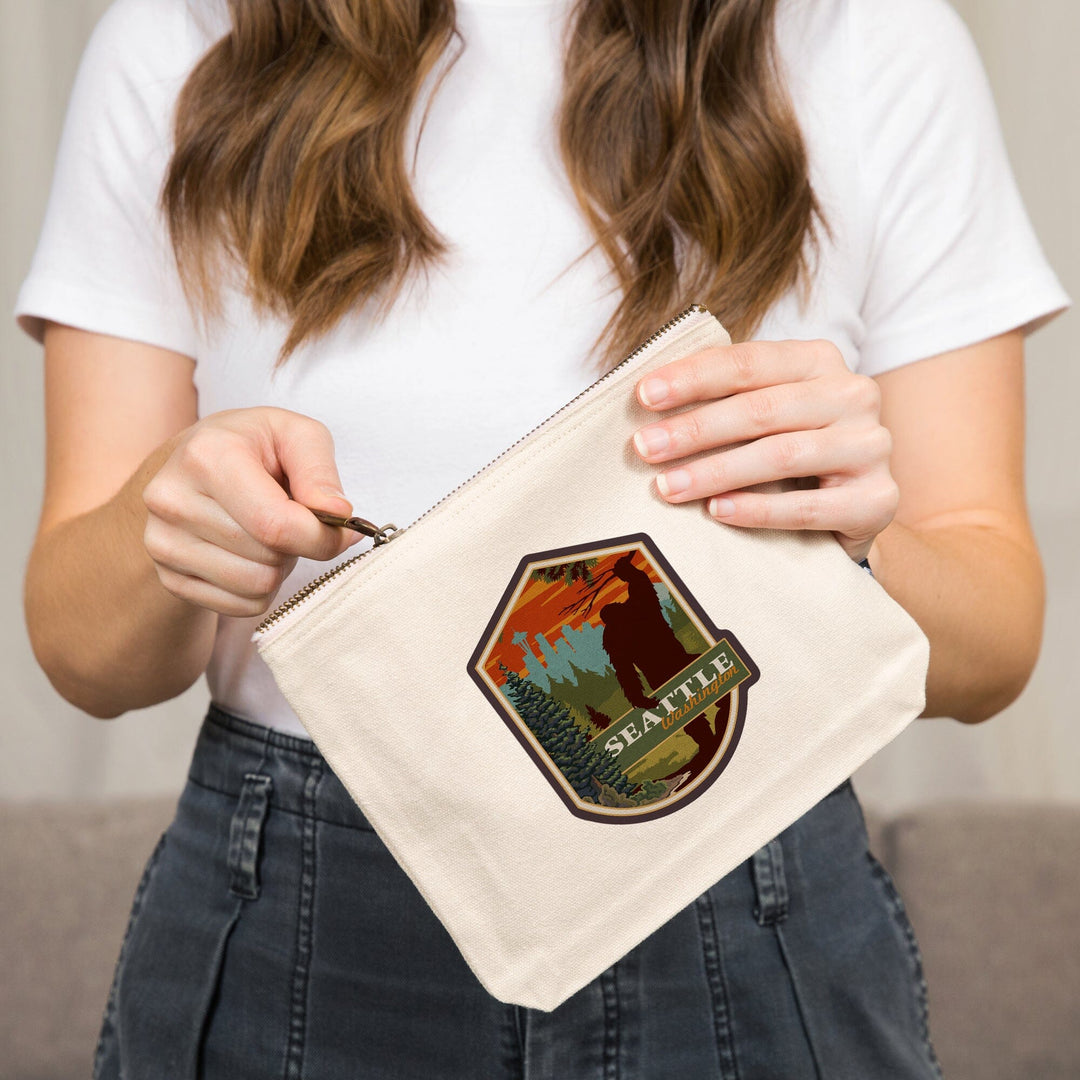 Seattle, Washington, Bigfoot, WPA Style,, Organic Cotton Zipper Pouch, Go Bag Go Bag Lantern Press 