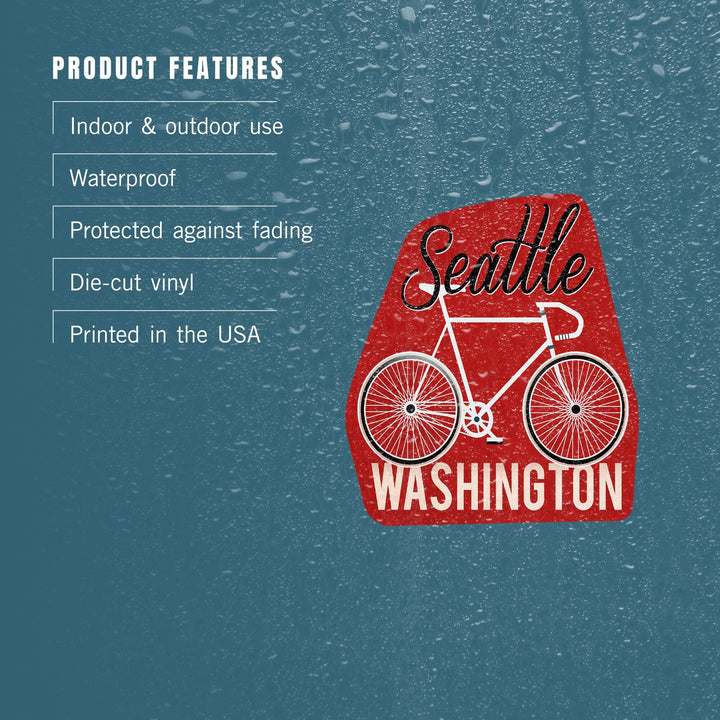 Seattle, Washington, Bike, Script Screenprint Style, Contour, Lantern Press Artwork, Vinyl Sticker Sticker Lantern Press 
