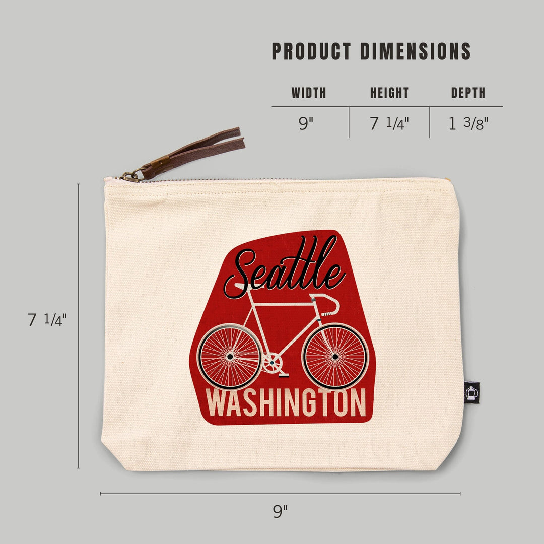 Seattle, Washington, Bike, Script Screenprint Style,, Organic Cotton Zipper Pouch, Go Bag Go Bag Lantern Press 
