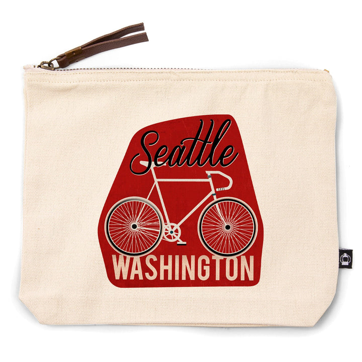 Seattle, Washington, Bike, Script Screenprint Style,, Organic Cotton Zipper Pouch, Go Bag Go Bag Lantern Press 