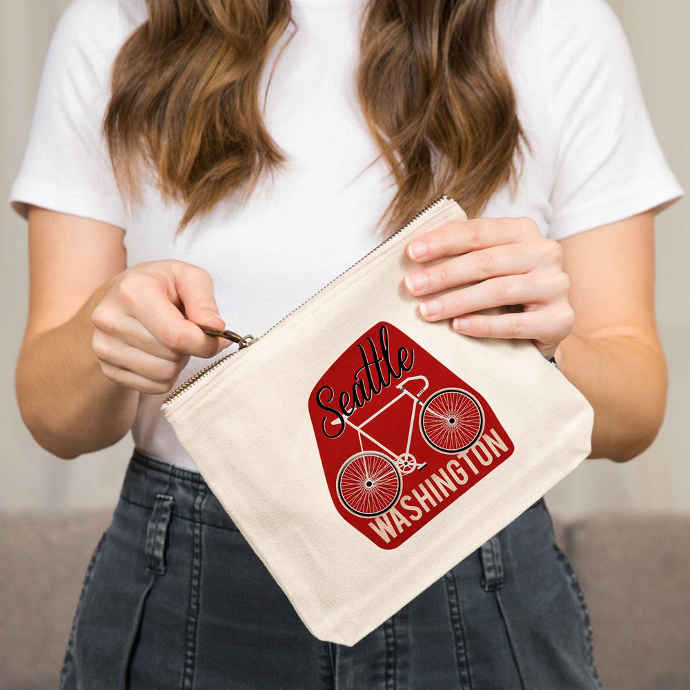 Seattle, Washington, Bike, Script Screenprint Style,, Organic Cotton Zipper Pouch, Go Bag Go Bag Lantern Press 