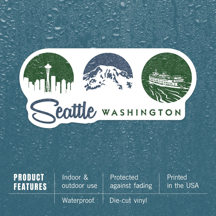 Seattle, Washington, Circle Silhouettes Tryptic, Contour, Lantern Press Artwork, Vinyl Sticker Sticker Lantern Press 