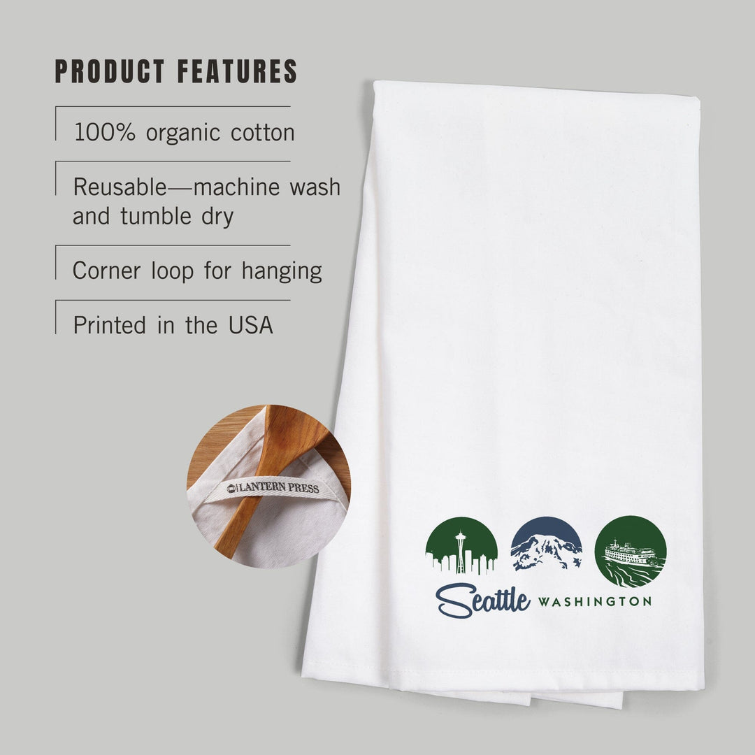 Seattle, Washington, Circle Silhouettes Tryptic, Contour, Organic Cotton Kitchen Tea Towels Kitchen Lantern Press 