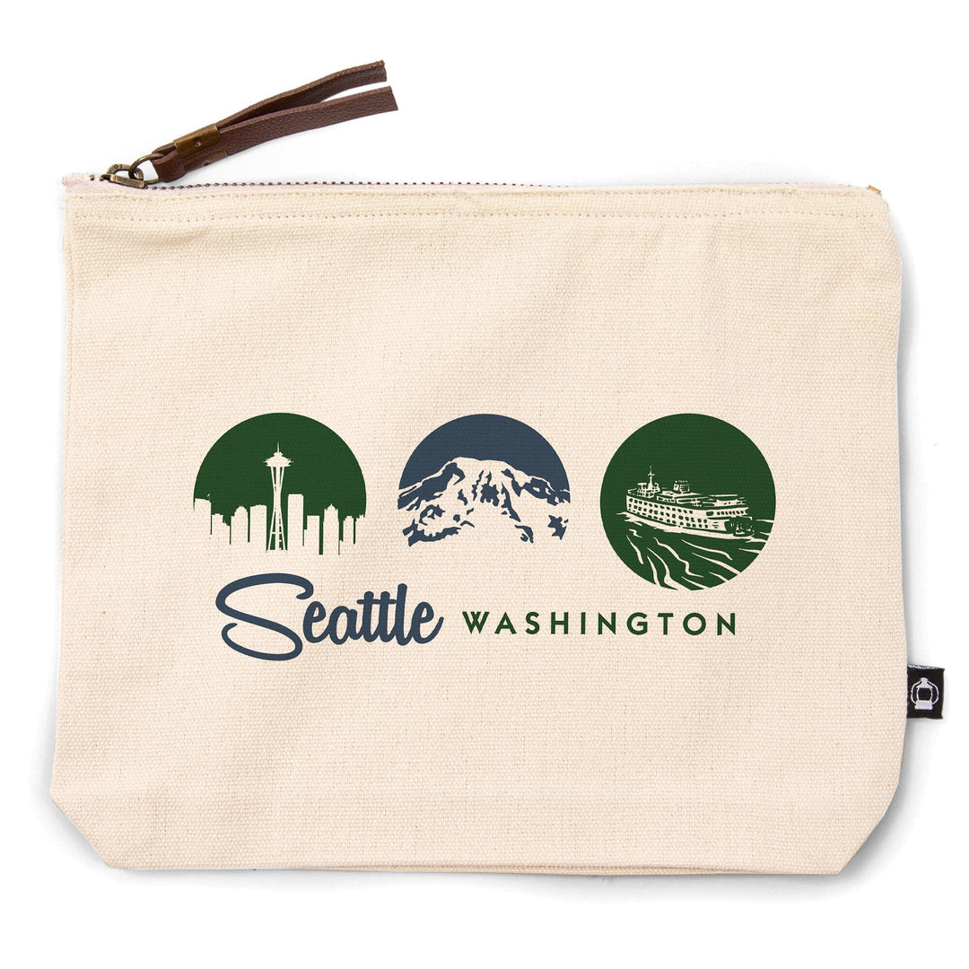 Seattle, Washington, Circle Silhouettes Tryptic,, Organic Cotton Zipper Pouch, Go Bag Go Bag Lantern Press 