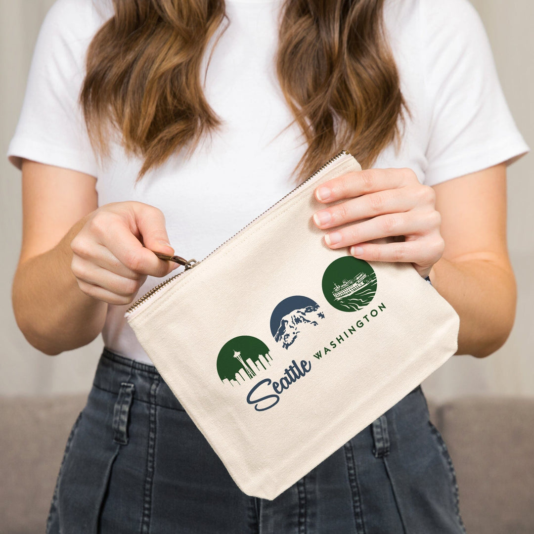 Seattle, Washington, Circle Silhouettes Tryptic,, Organic Cotton Zipper Pouch, Go Bag Go Bag Lantern Press 