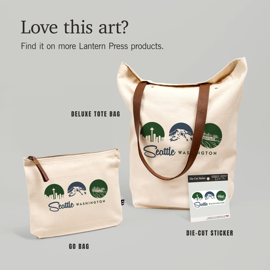 Seattle, Washington, Circle Silhouettes Tryptic,, Organic Cotton Zipper Pouch, Go Bag Go Bag Lantern Press 