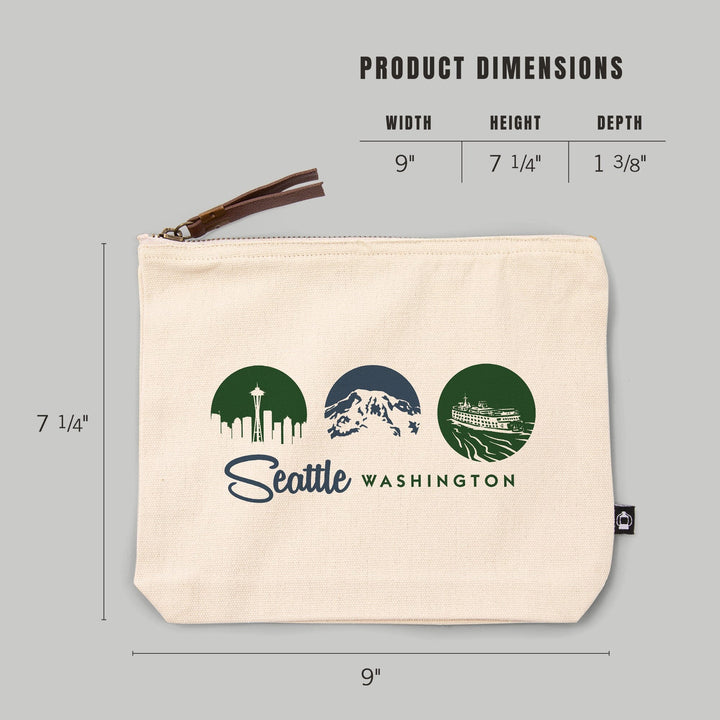 Seattle, Washington, Circle Silhouettes Tryptic,, Organic Cotton Zipper Pouch, Go Bag Go Bag Lantern Press 