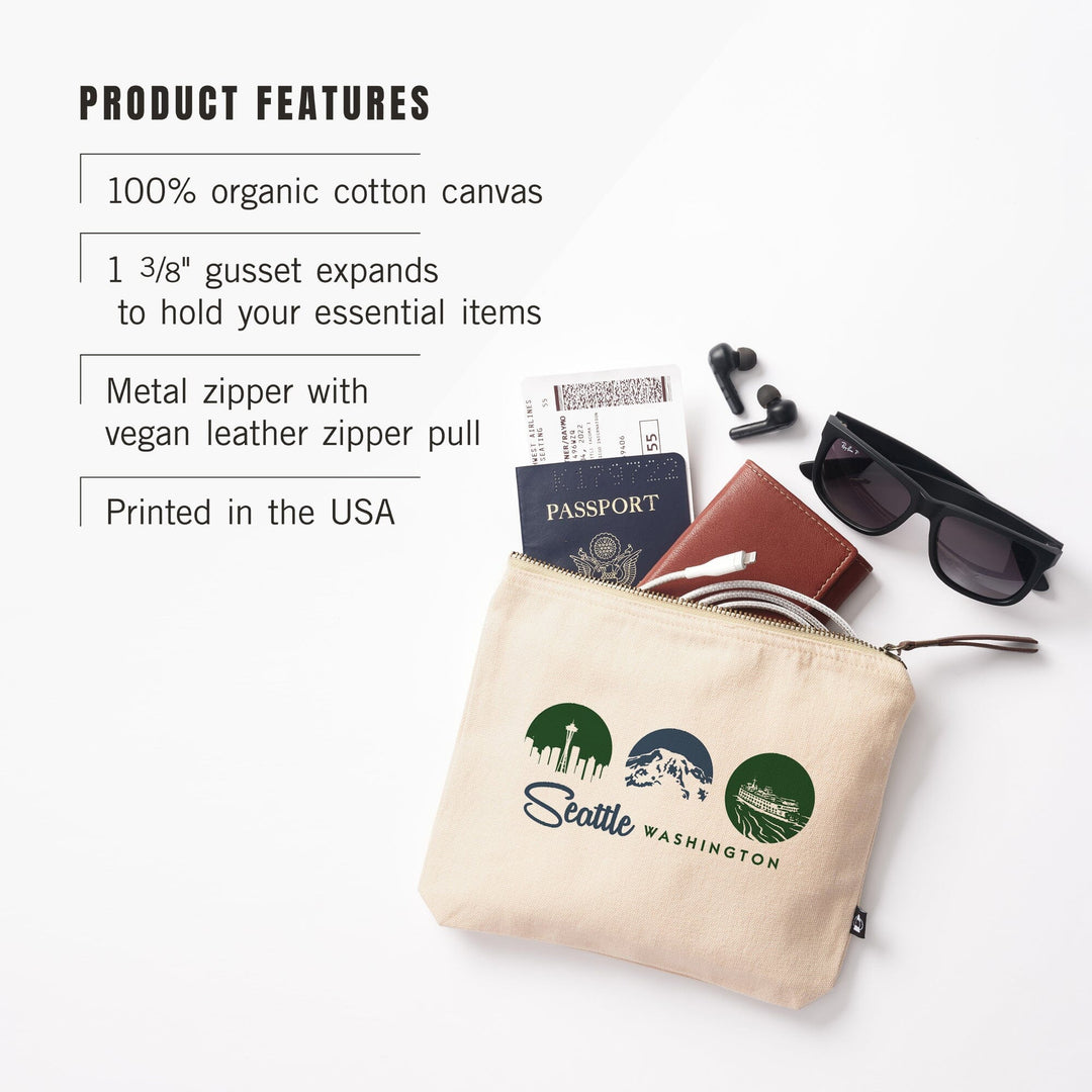 Seattle, Washington, Circle Silhouettes Tryptic,, Organic Cotton Zipper Pouch, Go Bag Go Bag Lantern Press 