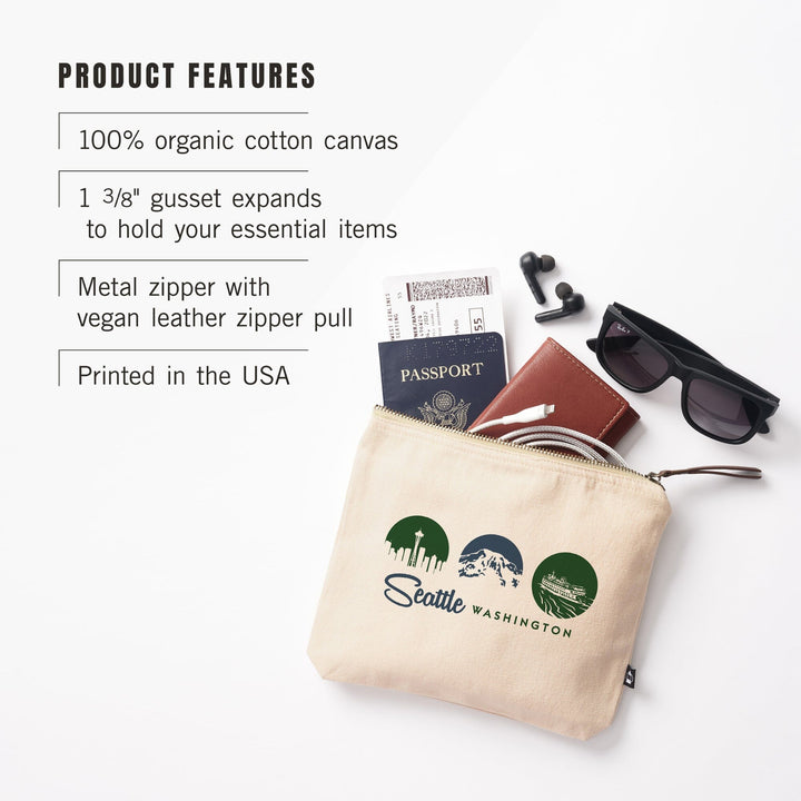 Seattle, Washington, Circle Silhouettes Tryptic,, Organic Cotton Zipper Pouch, Go Bag Go Bag Lantern Press 