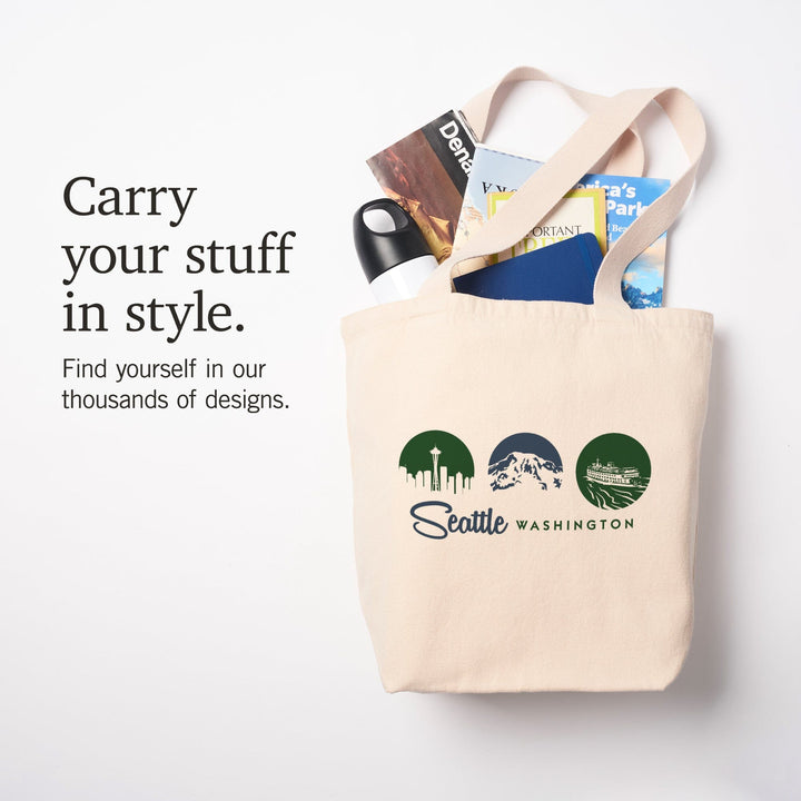 Seattle, Washington, Circle Silhouettes Tryptic,, Tote Bag Totes Lantern Press 