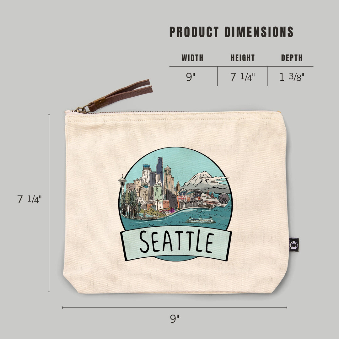 Seattle, Washington, Cityscape, Line Drawing,, Organic Cotton Zipper Pouch, Go Bag Go Bag Lantern Press 