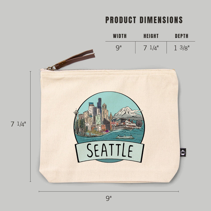 Seattle, Washington, Cityscape, Line Drawing,, Organic Cotton Zipper Pouch, Go Bag Go Bag Lantern Press 