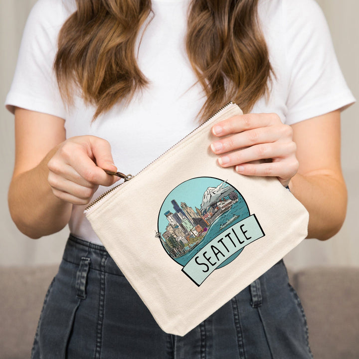Seattle, Washington, Cityscape, Line Drawing,, Organic Cotton Zipper Pouch, Go Bag Go Bag Lantern Press 