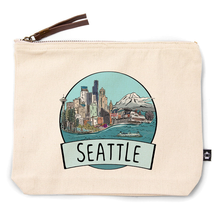 Seattle, Washington, Cityscape, Line Drawing,, Organic Cotton Zipper Pouch, Go Bag Go Bag Lantern Press 