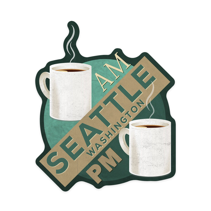 Seattle, Washington, Coffee AM, Coffee PM, Contour, Lantern Press Artwork, Vinyl Sticker Sticker Lantern Press 