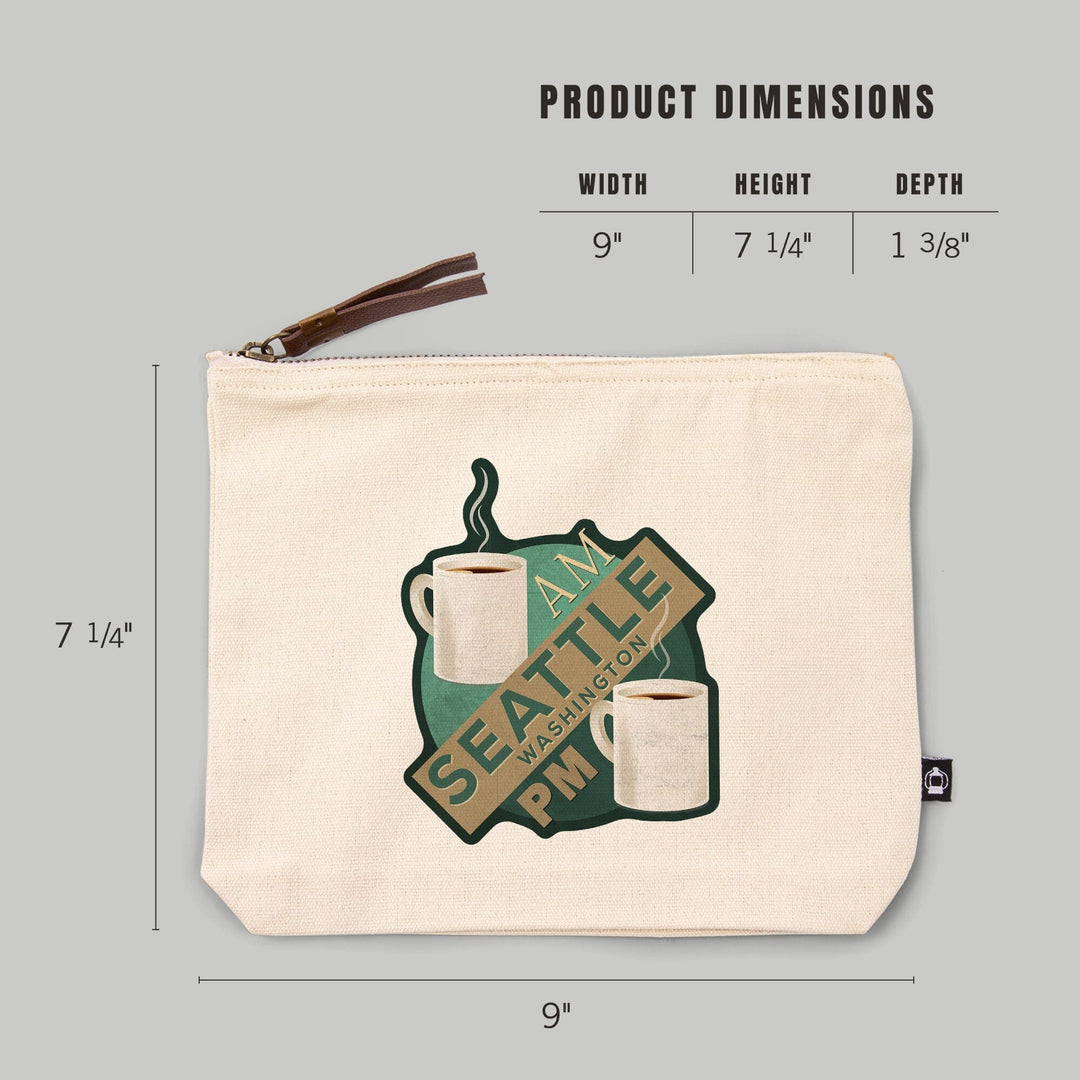 Seattle, Washington, Coffee AM, Coffee PM,, Organic Cotton Zipper Pouch, Go Bag Go Bag Lantern Press 