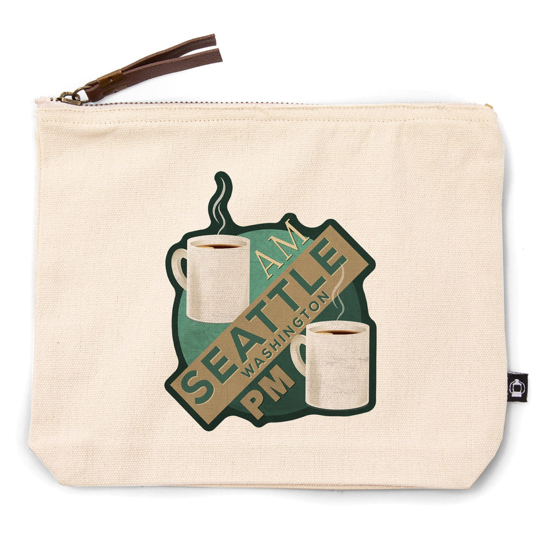 Seattle, Washington, Coffee AM, Coffee PM,, Organic Cotton Zipper Pouch, Go Bag Go Bag Lantern Press 