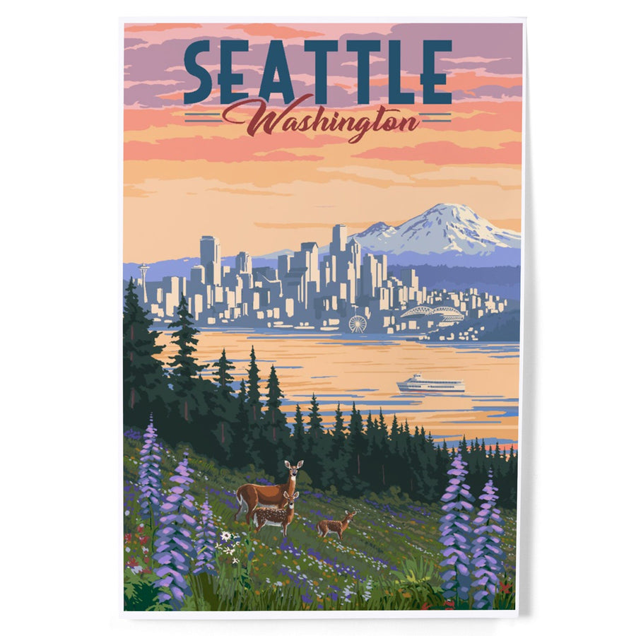 Seattle, Washington, Deer and Spring Flowers, Art & Giclee Prints Art Lantern Press 