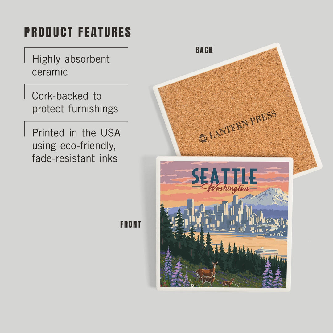 Seattle, Washington, Deer and Spring Flowers, Coasters Coasters Lantern Press 