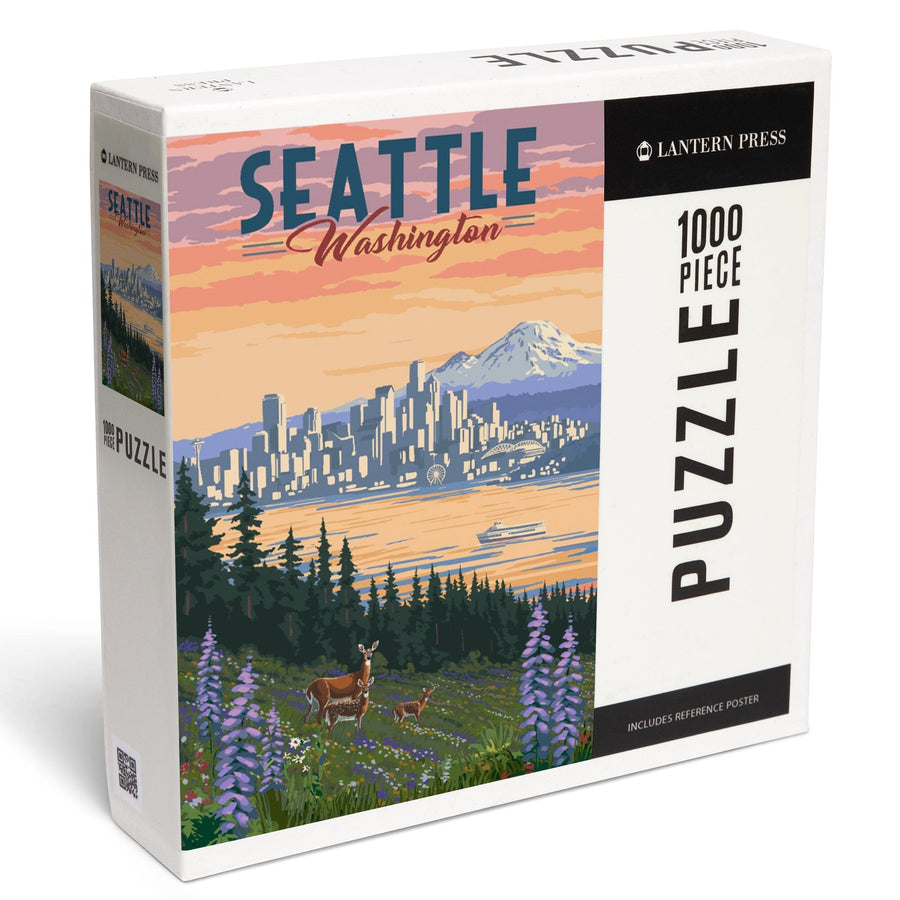 Seattle, Washington, Deer and Spring Flowers, Jigsaw Puzzle Puzzle Lantern Press 