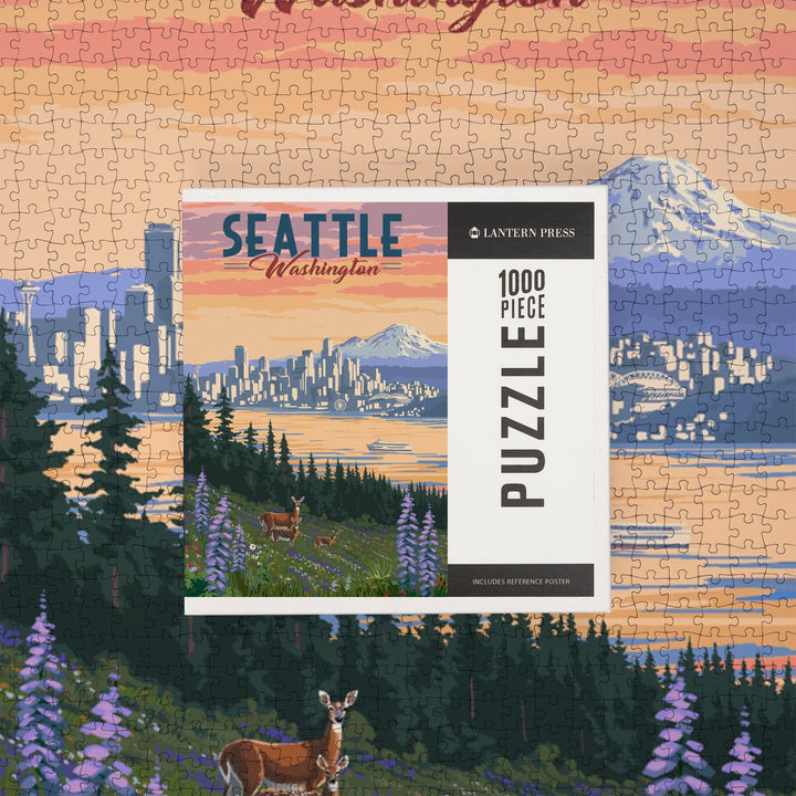 Seattle, Washington, Deer and Spring Flowers, Jigsaw Puzzle Puzzle Lantern Press 