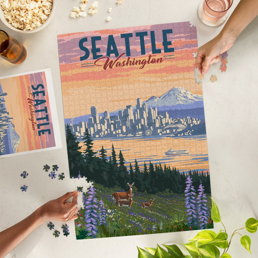 Seattle, Washington, Deer and Spring Flowers, Jigsaw Puzzle Puzzle Lantern Press 