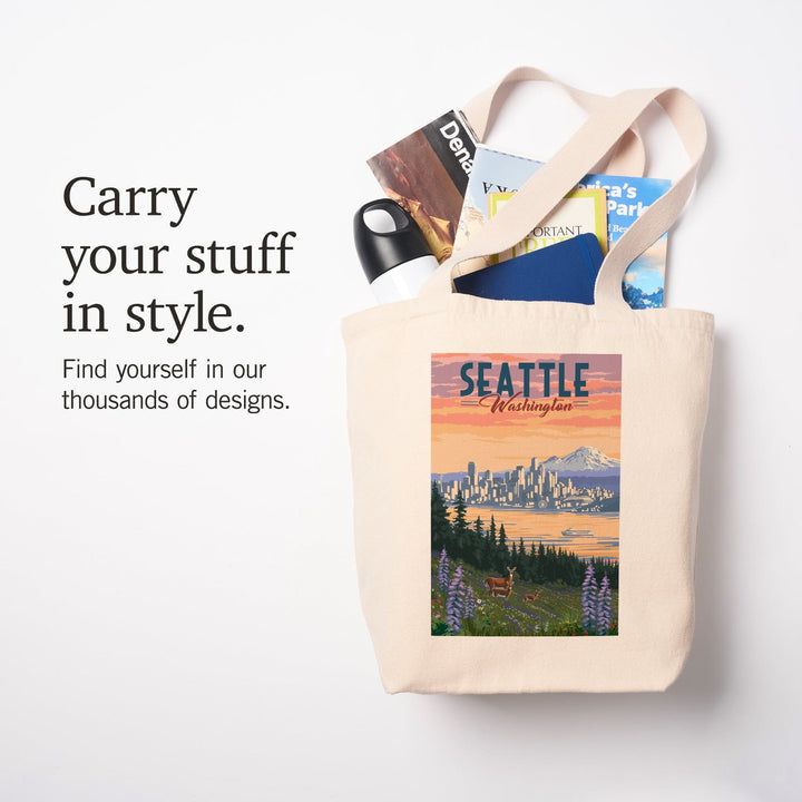 Seattle, Washington, Deer and Spring Flowers, Tote Bag Totes Lantern Press 