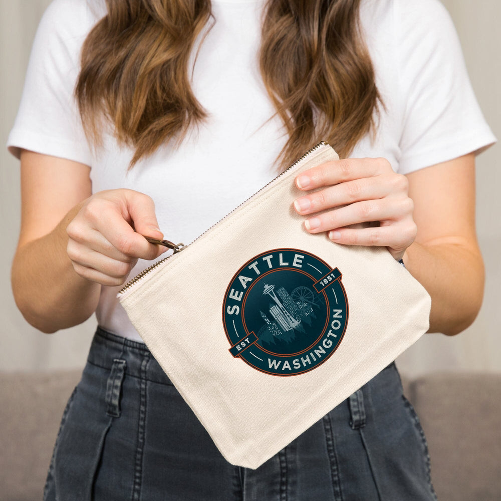 Seattle, Washington, Distressed Blue,, Organic Cotton Zipper Pouch, Go Bag Go Bag Lantern Press 