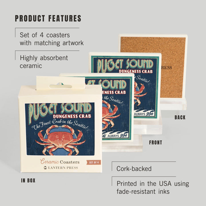 Seattle, Washington, Dungeness Crab Vintage Sign, Coasters Coasters Lantern Press 
