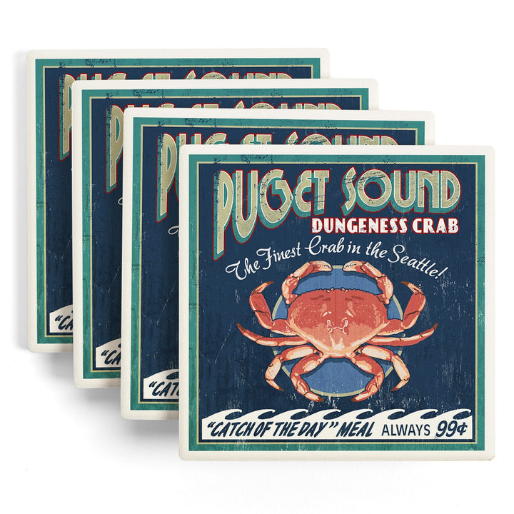 Seattle, Washington, Dungeness Crab Vintage Sign, Coasters Coasters Lantern Press 