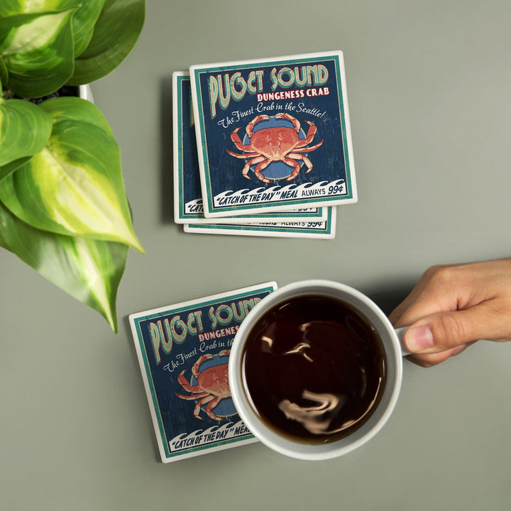 Seattle, Washington, Dungeness Crab Vintage Sign, Coasters Coasters Lantern Press 