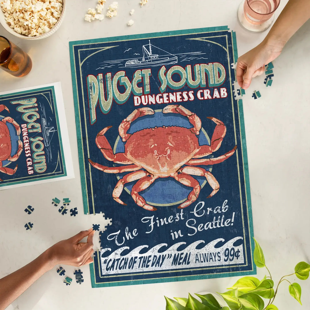 Seattle, Washington, Dungeness Crab Vintage Sign, Jigsaw Puzzle Puzzle Lantern Press 