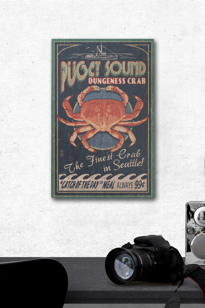 Seattle, Washington, Dungeness Crab Vintage Sign, Lantern Press Artwork, Wood Signs and Postcards Wood Lantern Press 12 x 18 Wood Gallery Print 