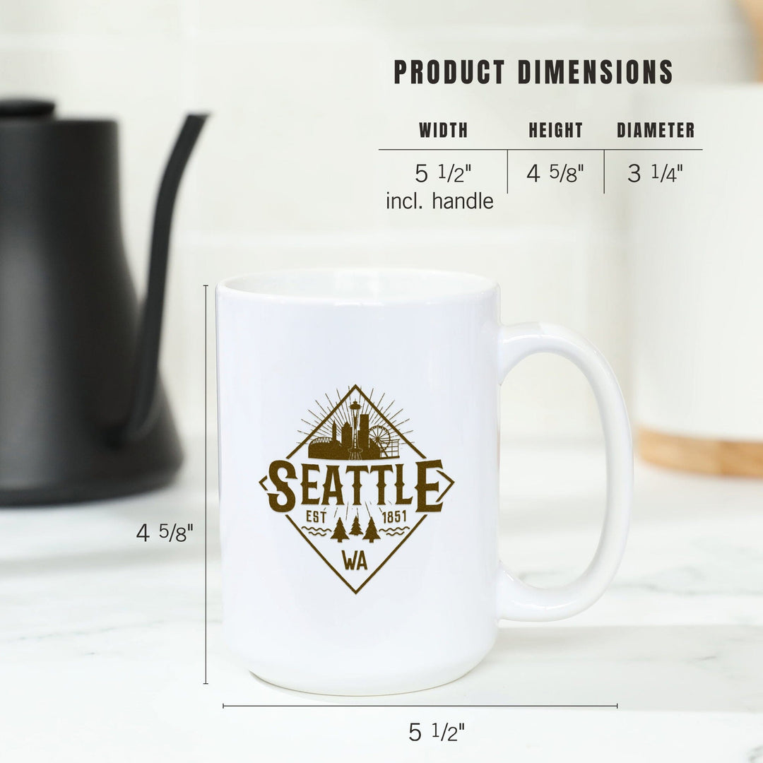 Seattle, Washington, Established 1851, Diamond Skyline Badge, Contour, Lantern Press Artwork, Ceramic Mug Mugs Lantern Press 