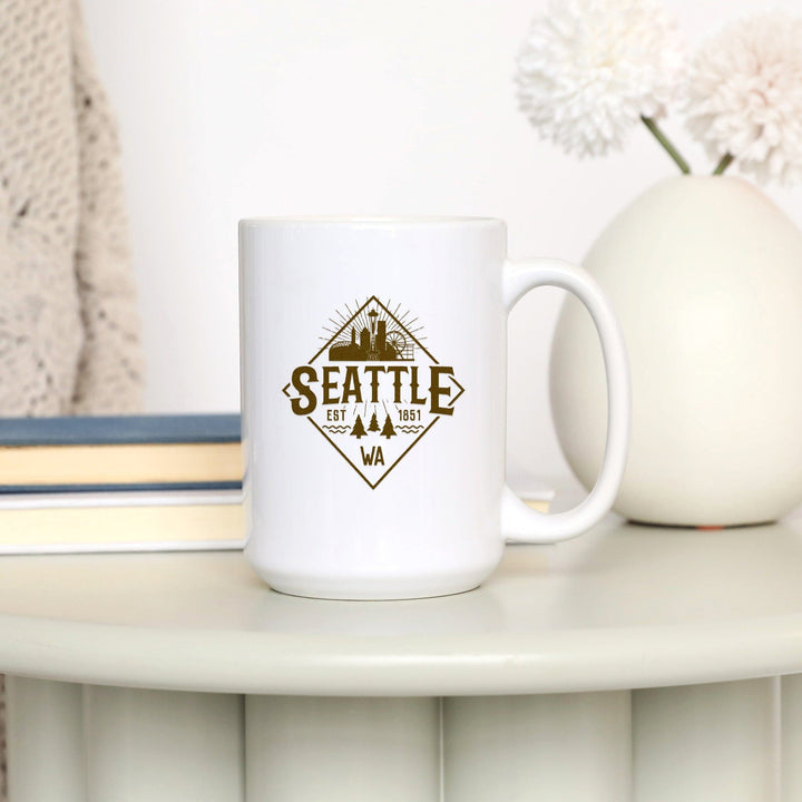 Seattle, Washington, Established 1851, Diamond Skyline Badge, Contour, Lantern Press Artwork, Ceramic Mug Mugs Lantern Press 