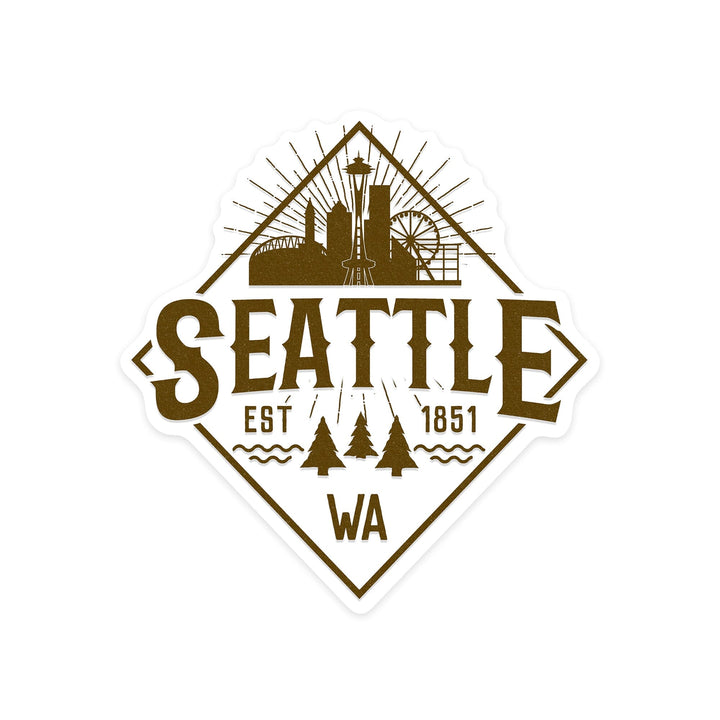 Seattle, Washington, Established 1851, Diamond Skyline Badge, Contour, Lantern Press Artwork, Vinyl Sticker Sticker Lantern Press 