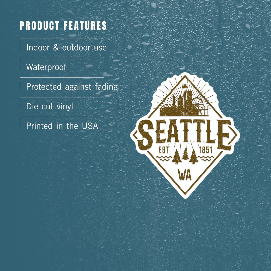 Seattle, Washington, Established 1851, Diamond Skyline Badge, Contour, Lantern Press Artwork, Vinyl Sticker Sticker Lantern Press 