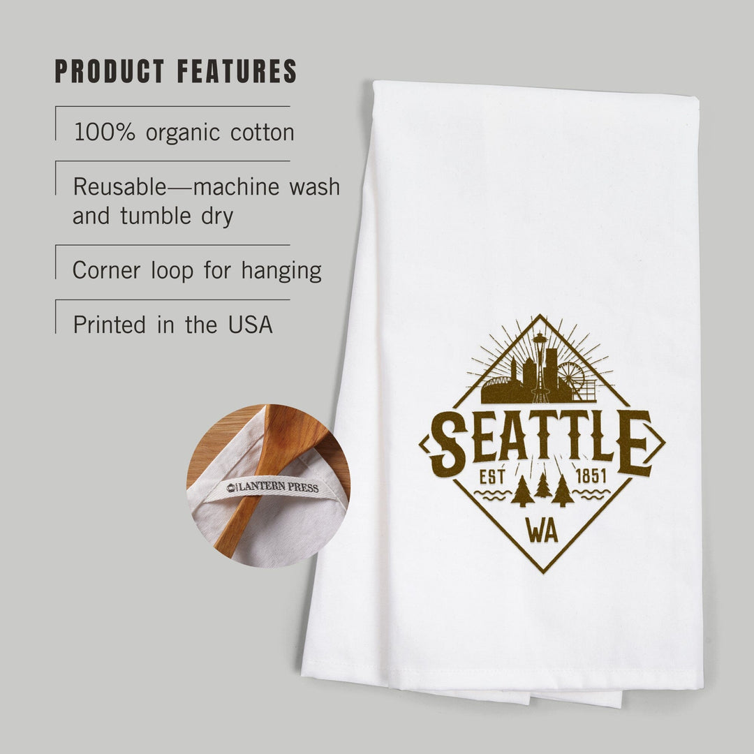 Seattle, Washington, Established 1851, Diamond Skyline Badge, Contour, Organic Cotton Kitchen Tea Towels Kitchen Lantern Press 