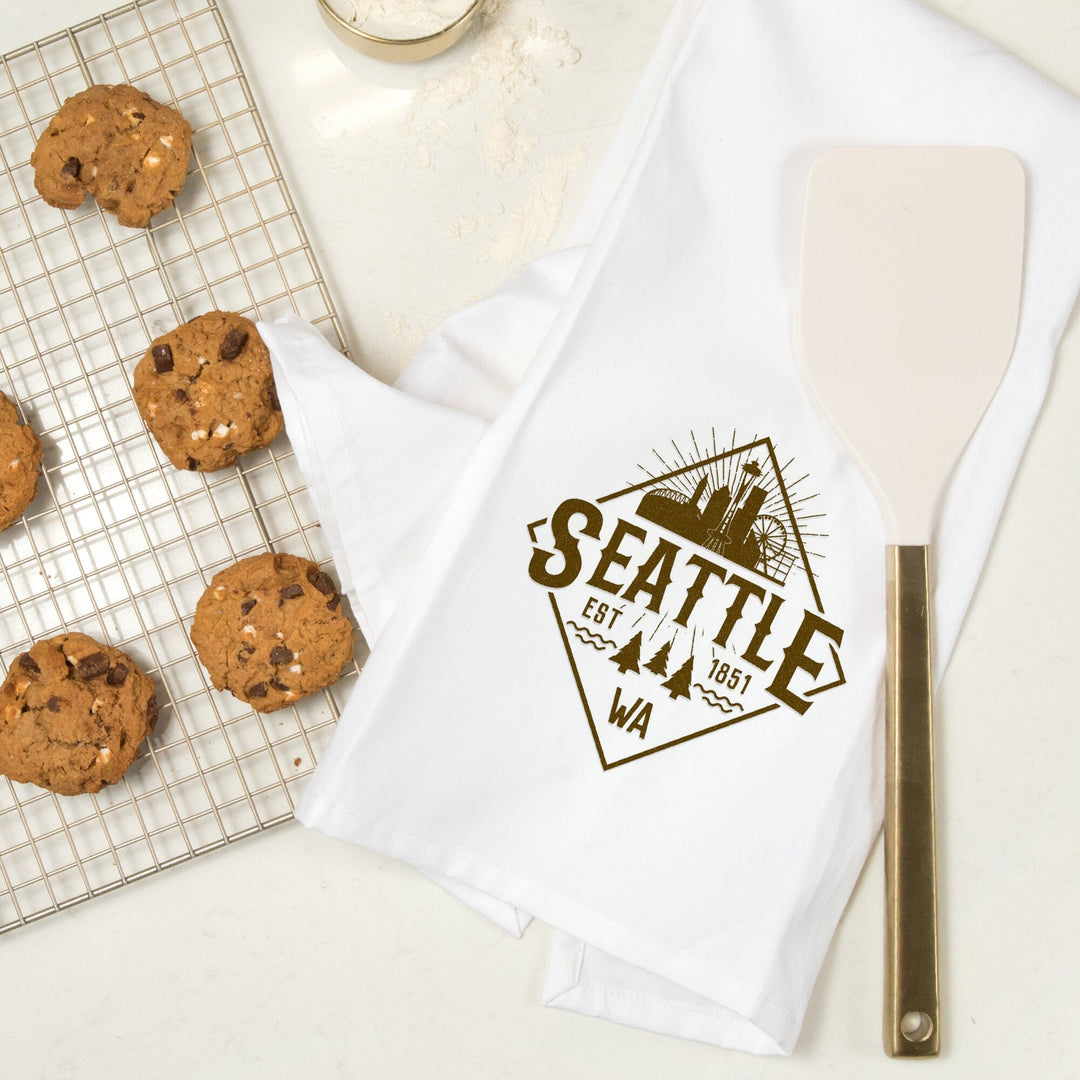 Seattle, Washington, Established 1851, Diamond Skyline Badge, Contour, Organic Cotton Kitchen Tea Towels Kitchen Lantern Press 