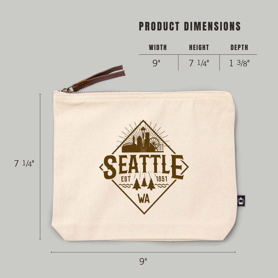Seattle, Washington, Established 1851, Diamond Skyline Badge,, Organic Cotton Zipper Pouch, Go Bag Go Bag Lantern Press 